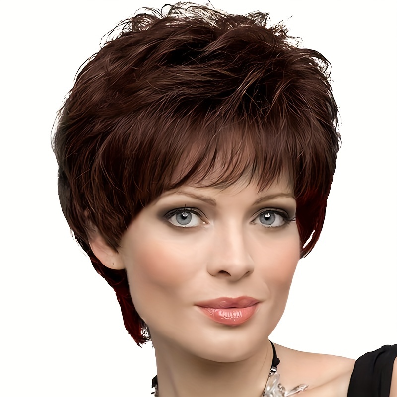 Short Brown Pixie Cut Wig with Bangs Natural Synthetic Fluffy Hair Wig 16 cm