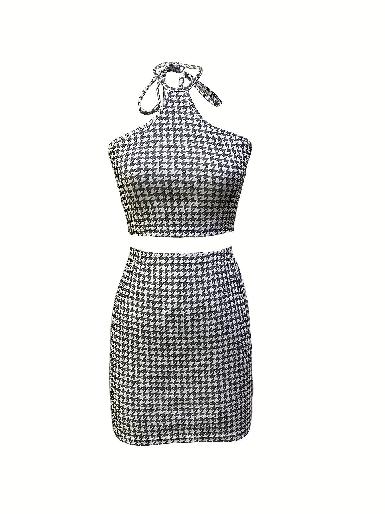 Houndstooth Print Two piece Set Backless Halter Top & Bag Hip Mini Skirts