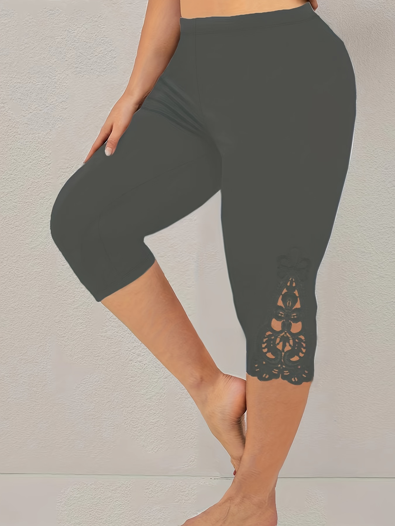 Black or grey Plus Size Casual Capri Leggings, Women's Plus Contrast Lace  Elastic High Waist Skinny Capri Leggings