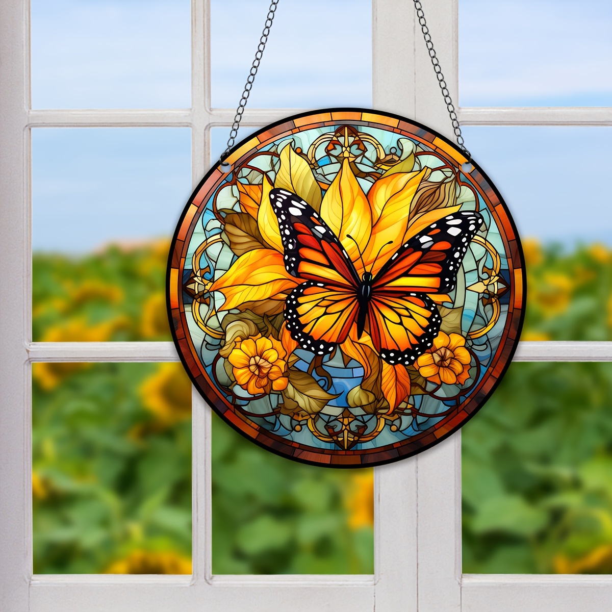 ステンドグラス製　ひまわりのサンキャッチャーパネル ステンドグラス製ひまわりのサンキャッチャーパネル