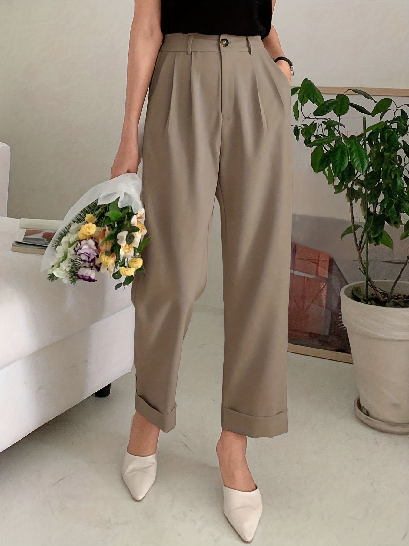 Women Clothing Womens Casual High Waisted Wide Leg Pants Button Up Straight  Leg Trousers Casual Pants for Women Polyester Spandex Khaki 