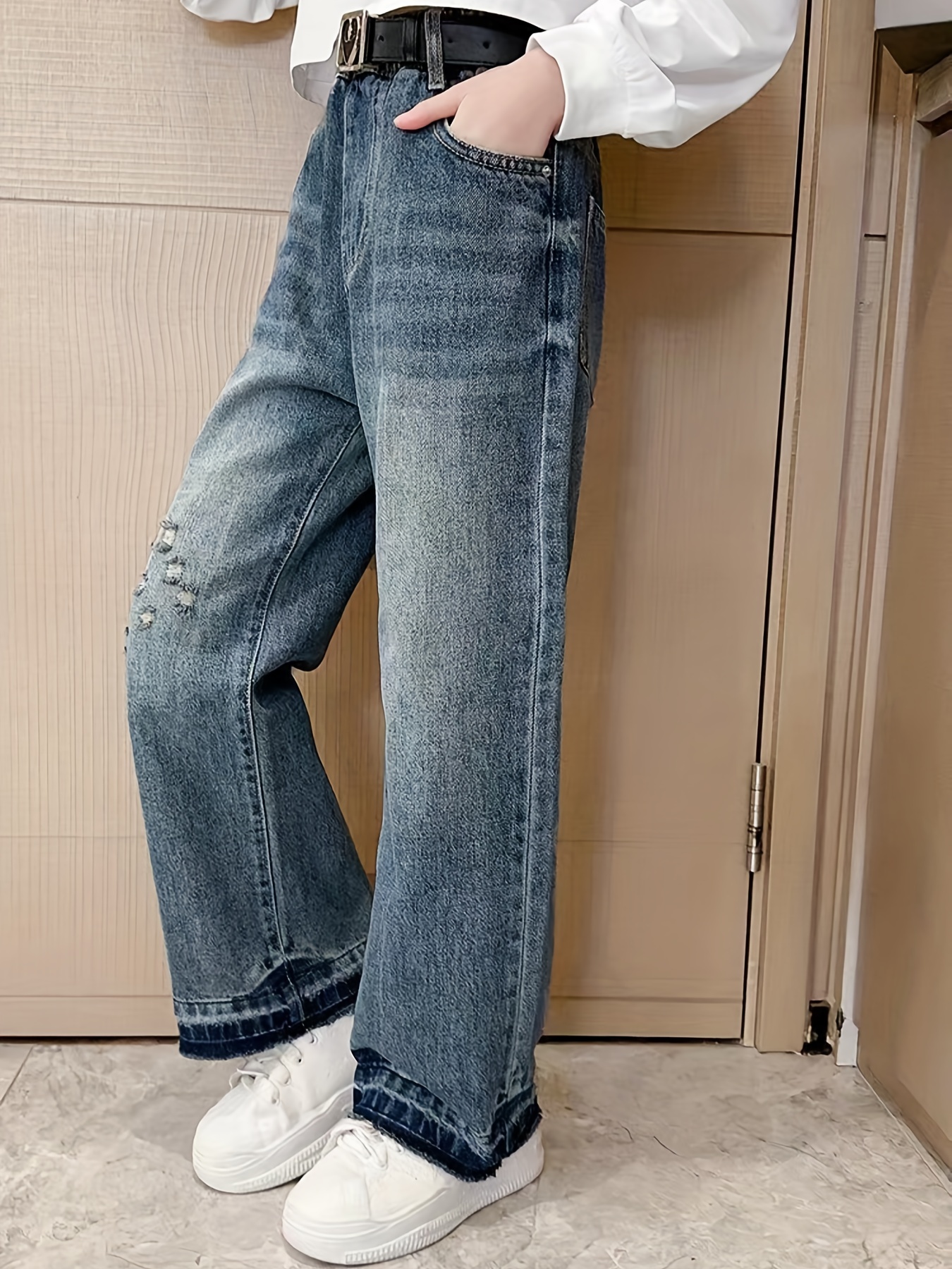 Big Girls' Elastic High Waist Ripped Jeans Pull Straight Leg - Temu  Australia