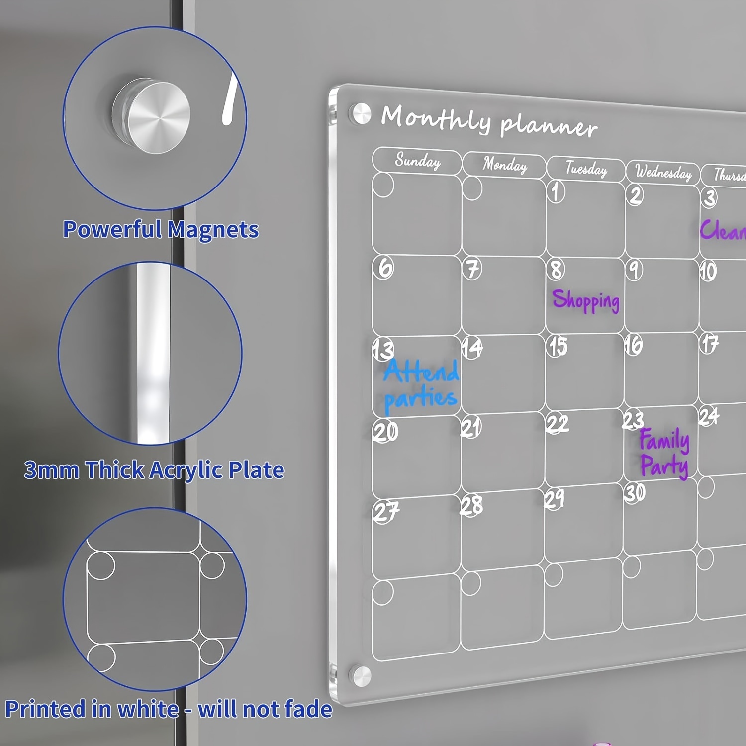 Monthly Acrylic Fridge Calendar + 2 Sections