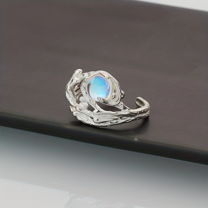 Men's Tree Texture Moonstone Ring Couple Opening Adjustable Ring