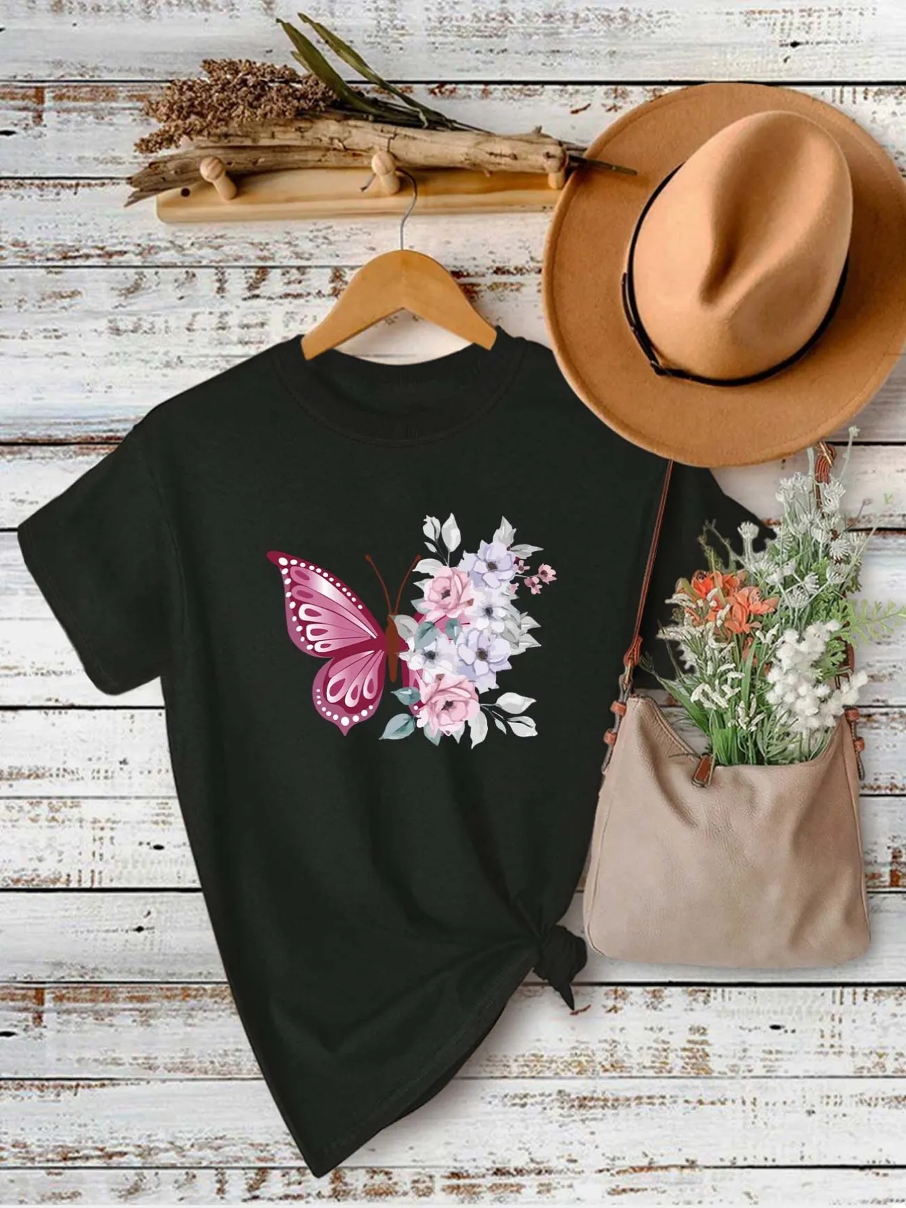 Butterflies And Flowers Print Crew Neck T-shirt, Loose Casual