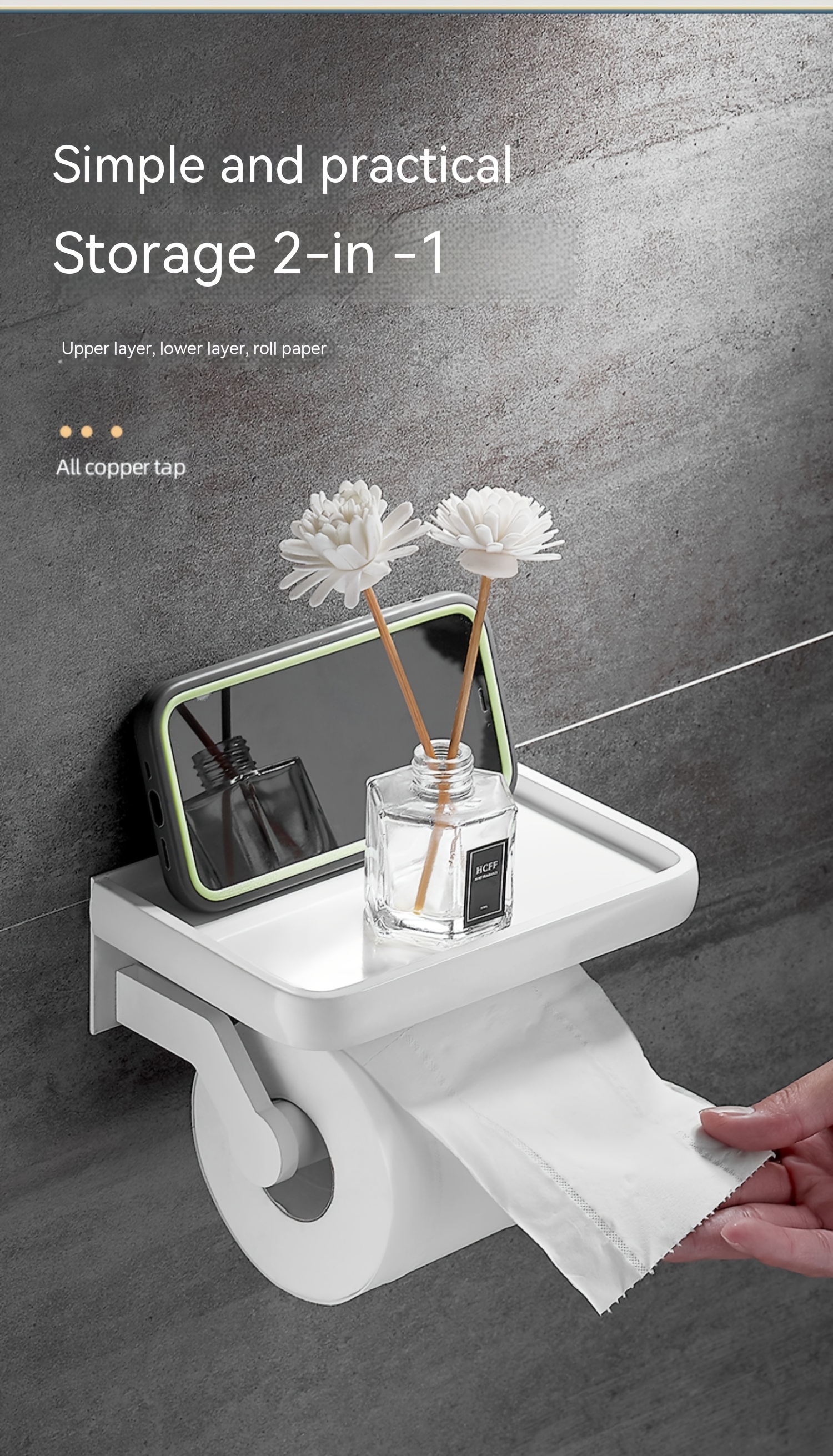 Porte Papier Toilette Mural or avec étagère, Porte Rouleau Papier Toilette  Adhesif Support Papier Toilette en Aluminium pour Salle de Bain Cuisine