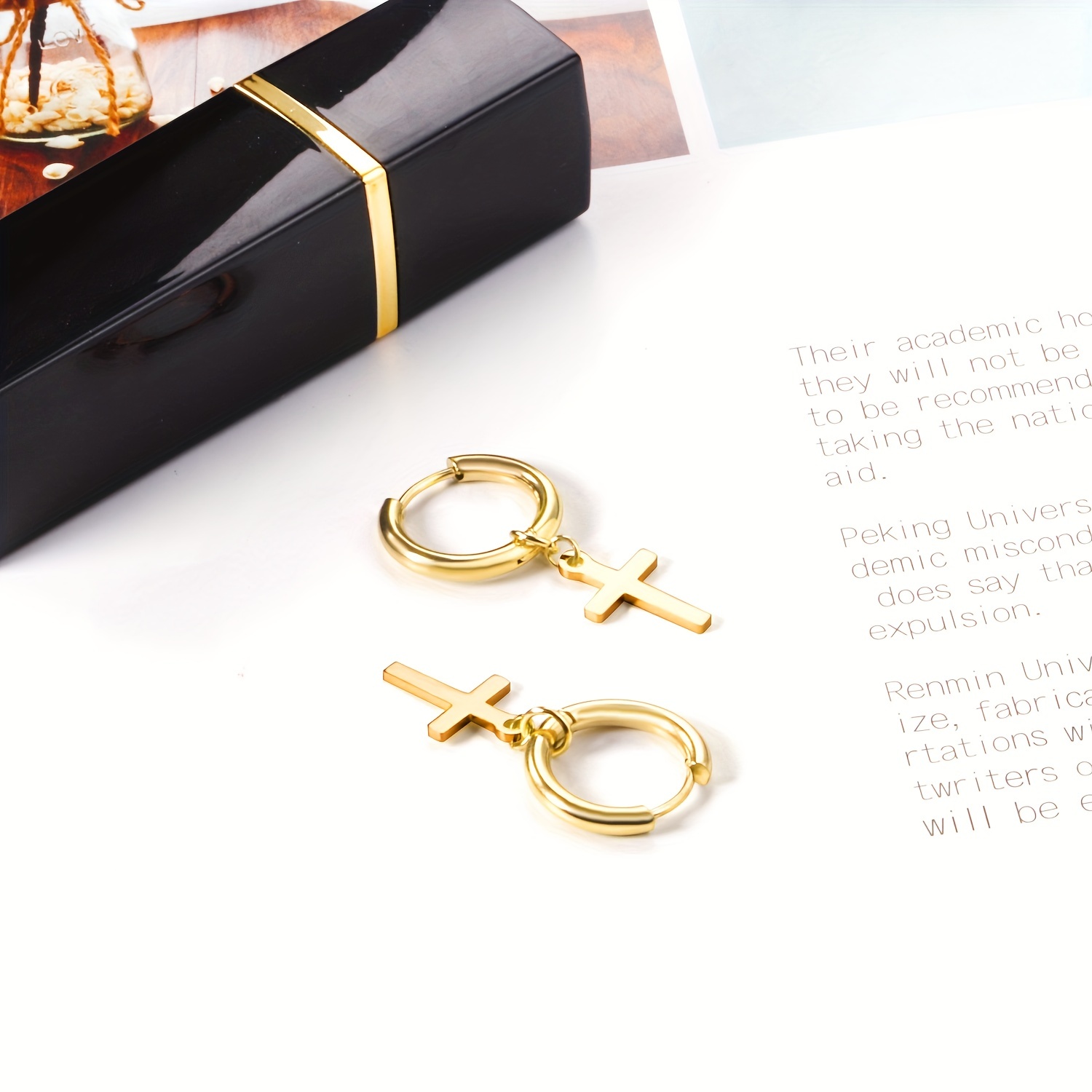 Golden Glossy Cross Decor Hoop Earrings, 18K Plated