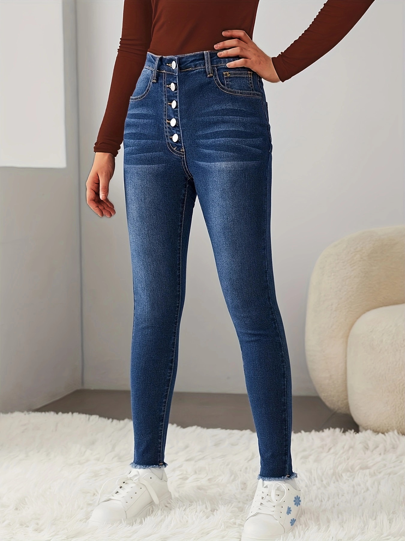 Blue Jeans Ajustados De Alta Elasticidad, Pantalones De Mezclilla De  Cintura Alta Ajustados Con Botones De Botonadura Simple, Jeans Y Ropa De  Mezclilla Para Mujer - Temu Spain
