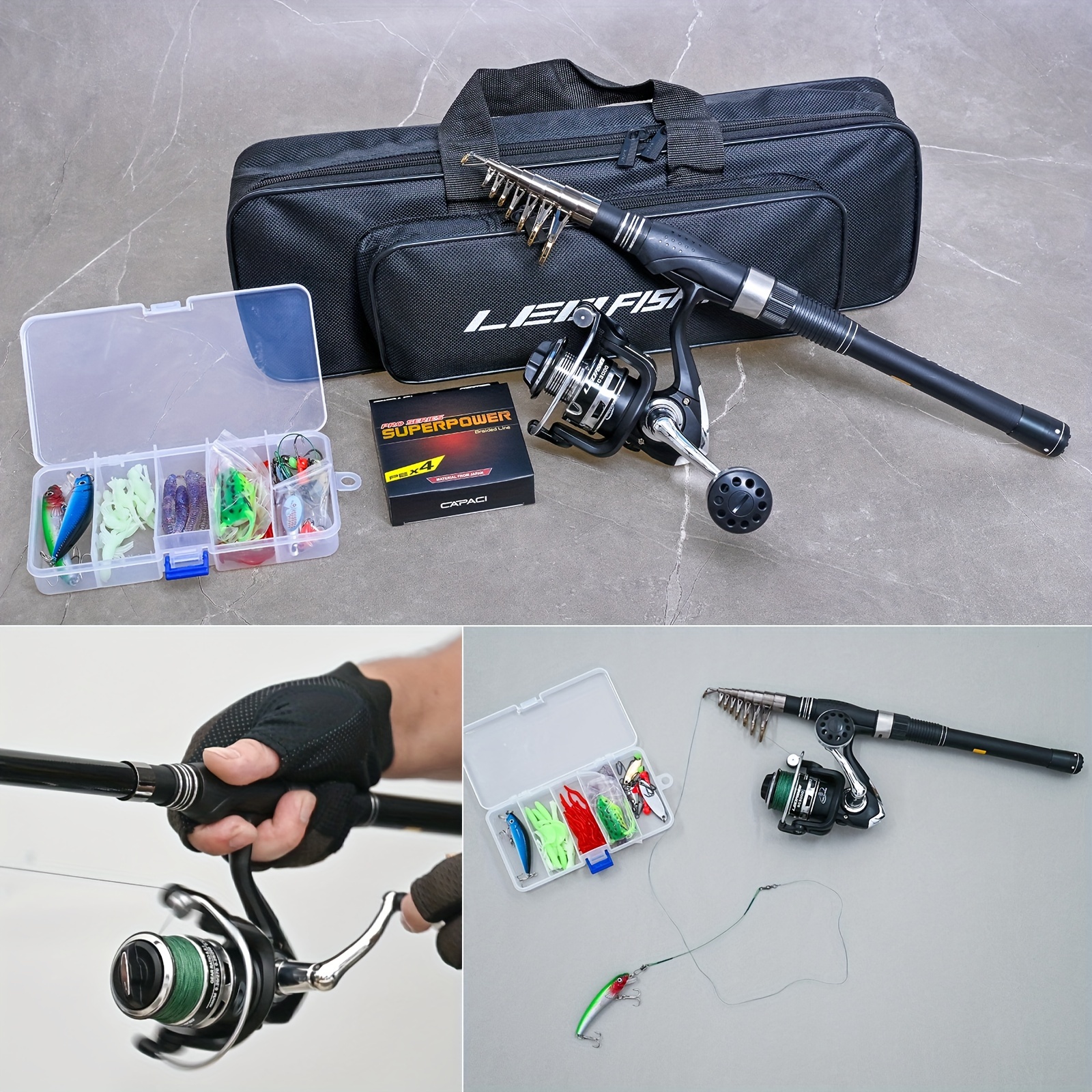 LEO FISHING Fishing Rod Reel Combo Full Kit with 2PCS 2.1m Telescopic  Fishing Rods 2PCS Spinning Reels Fishing Lures Hooks Accessories Fishing Bag