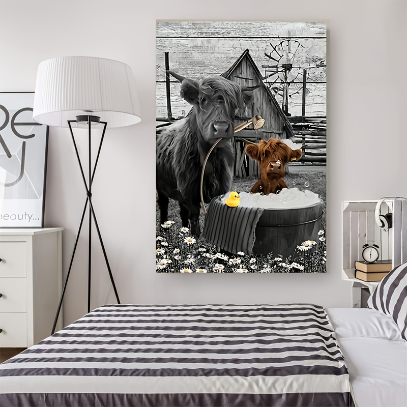 Farmhouse Highland Cow Wall Art Cute Cow In Bathtub Canvas - Temu New ...