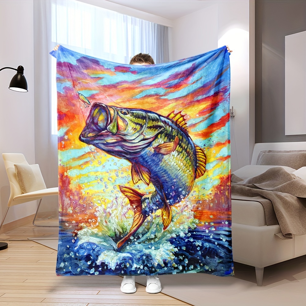 Largemouth Bass Fish Fishing Camouflage American Flag Blanket Throw Bedding  Room Decor Flannel Blankets for Bed Sofa Thick