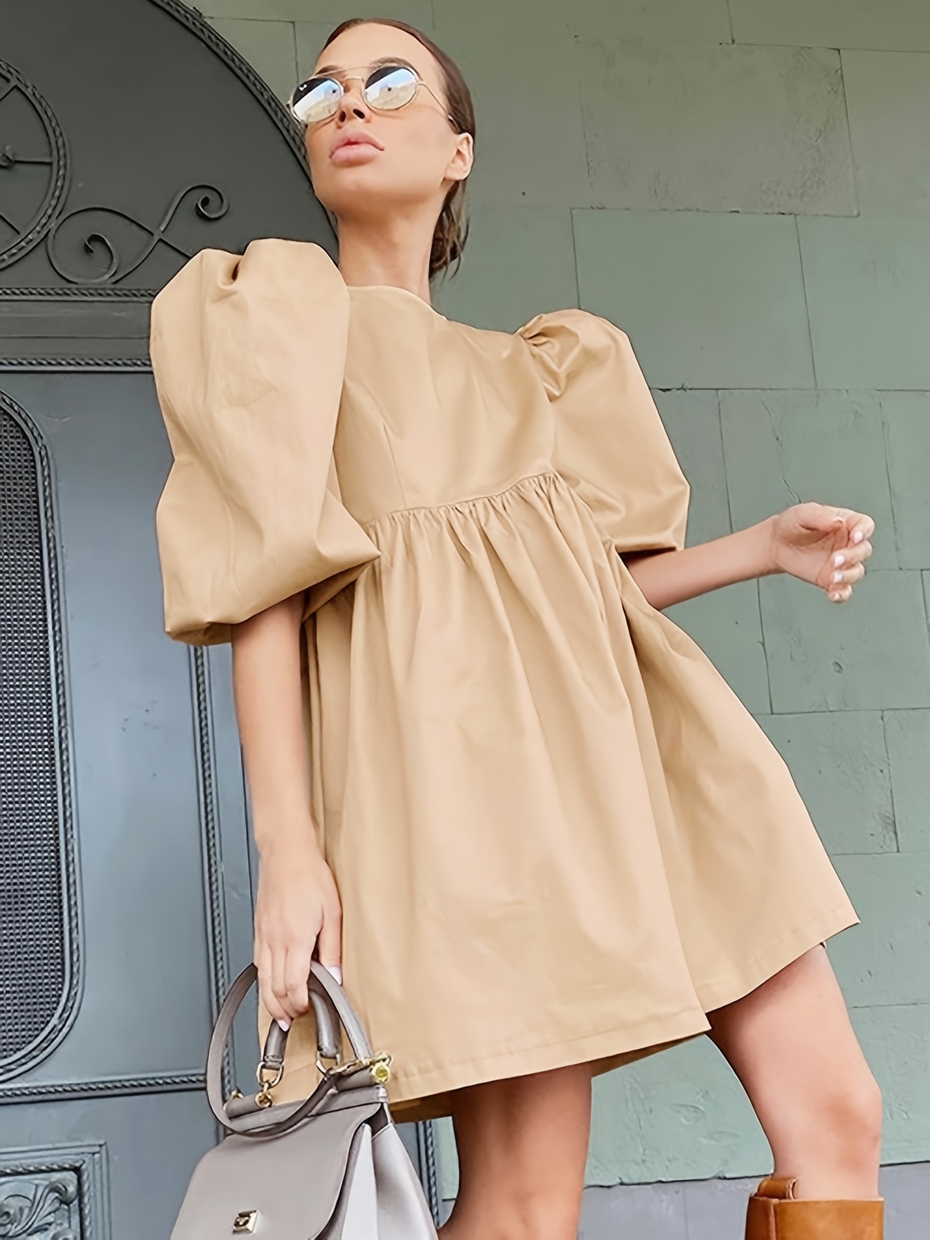 Casual Round Neck Dress, Fashion Loose Puff Sleeve Loose Waist Summer  Dresses, Women's Clothing