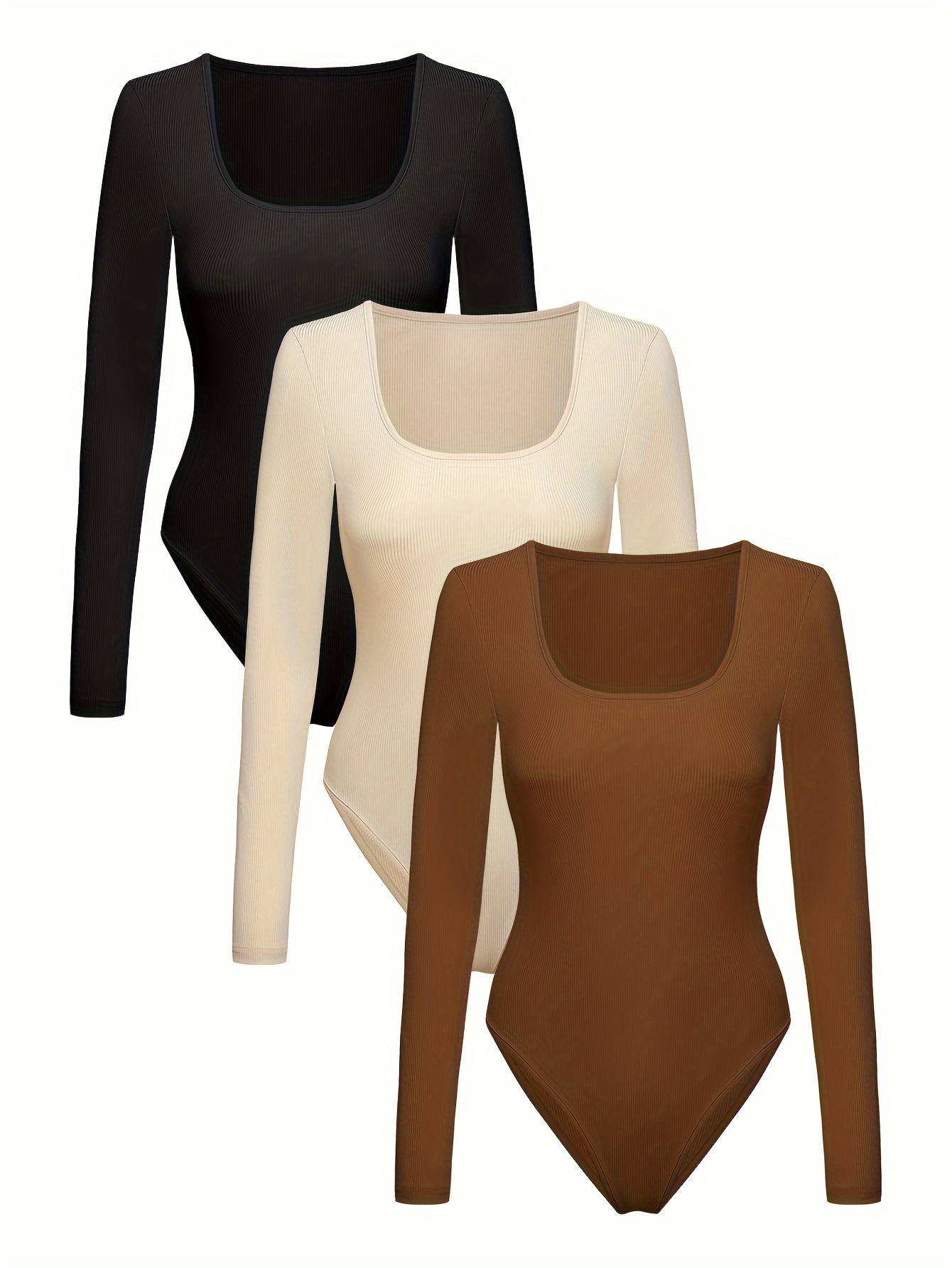 Long Sleeve Round Neck Bodysuit Tops for Women- 2PK Black/Skin XL