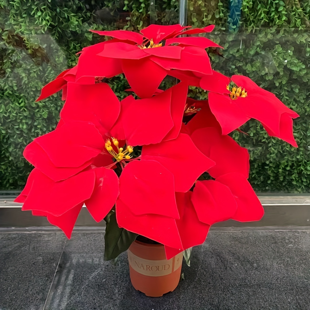 Potted Poinsettias Artificial Christmas Flowers 7 Heads Faux Red Christmas  Poinsettia Plants in Pots Fake Poinsettia Bonsai Christmas Poinsettia