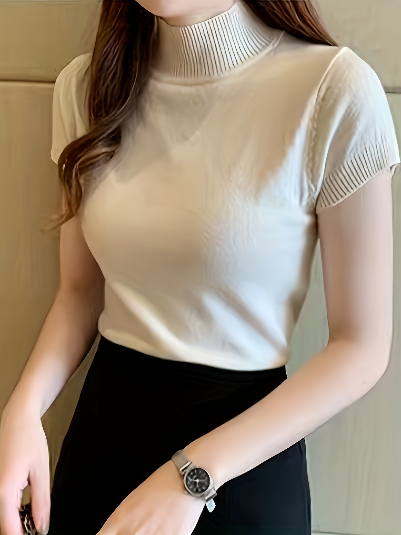New Style Knitted Versatile Design Half-High Collar Short Sleeve Thin Pullover