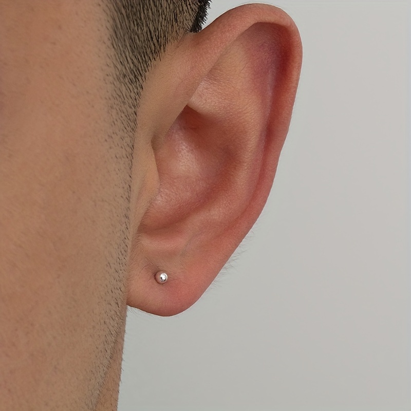 Silver Small Round Bead Stud Earrings for Men