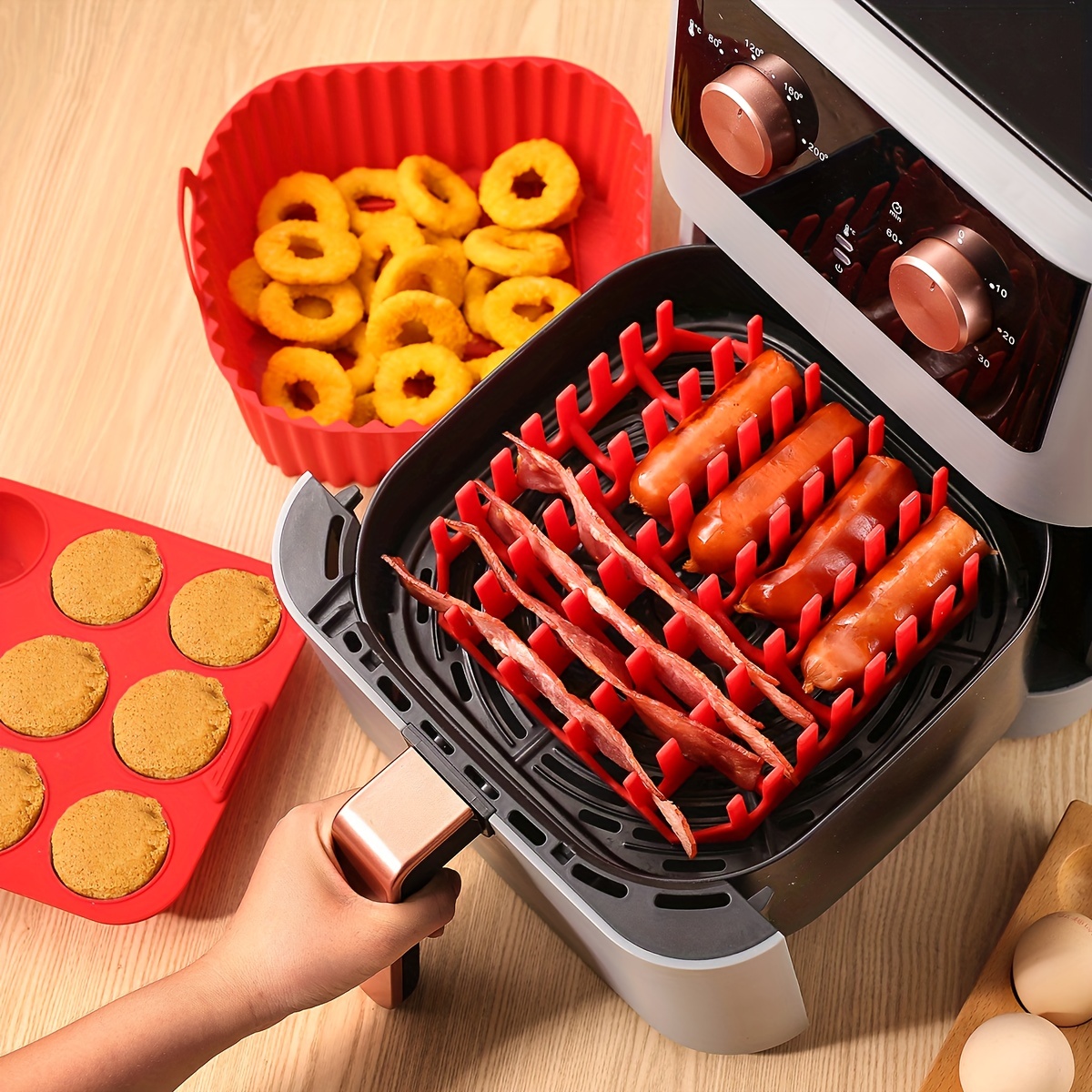 Premium Square Air Fryer Silicone Set - Bacon & Hot Dog Rack, 9-cavity Cake  Mold, Air Fryer Pan - Bpa-free, Dishwasher Safe - Compatible With 7qt+ Air  Fryers - Temu