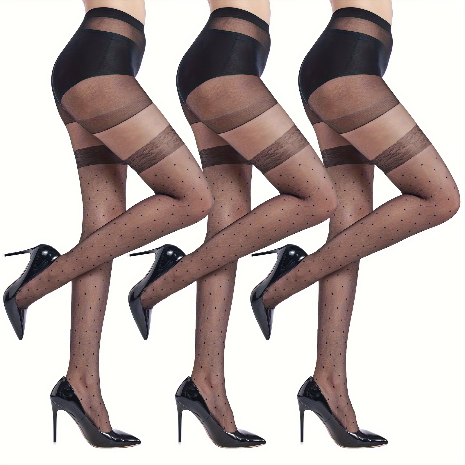 3 Pairs Black Sheer Tights, Control Top High * Footed Pantyhose, Women's  Stockings & Hosiery