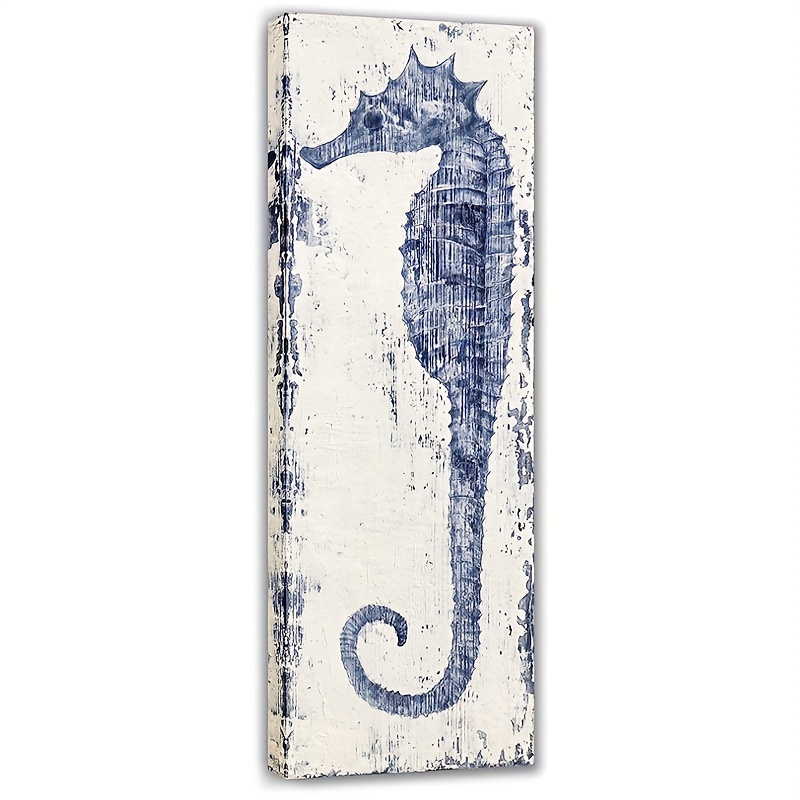 

1pc Seahorse Canvas Wall Art, Hand Painted Blue And White Painting, Modern Coastal Picture, Living Room Bedroom Hallway Bathroom Decorated, Without Frame, 12x36 Inches