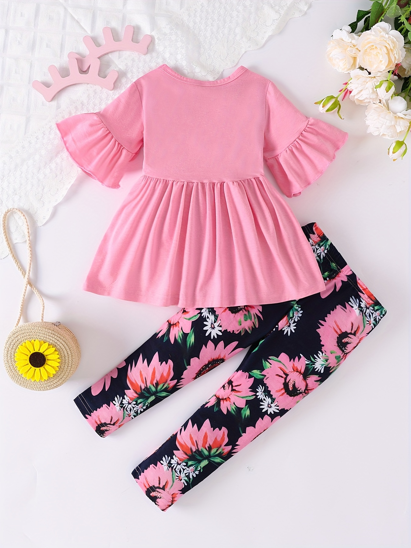 toddler girls playsuit flared sleeve top sunflowers print pants kids clothes fall spring pink 1