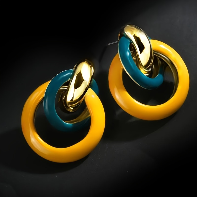 

Trendy Hoop Earrings Enamel 3 Circles Crossed Alloy Resin 14k Plated Colorful Hoop Earrings Minimalist Daily Wearing Earrings Accessories