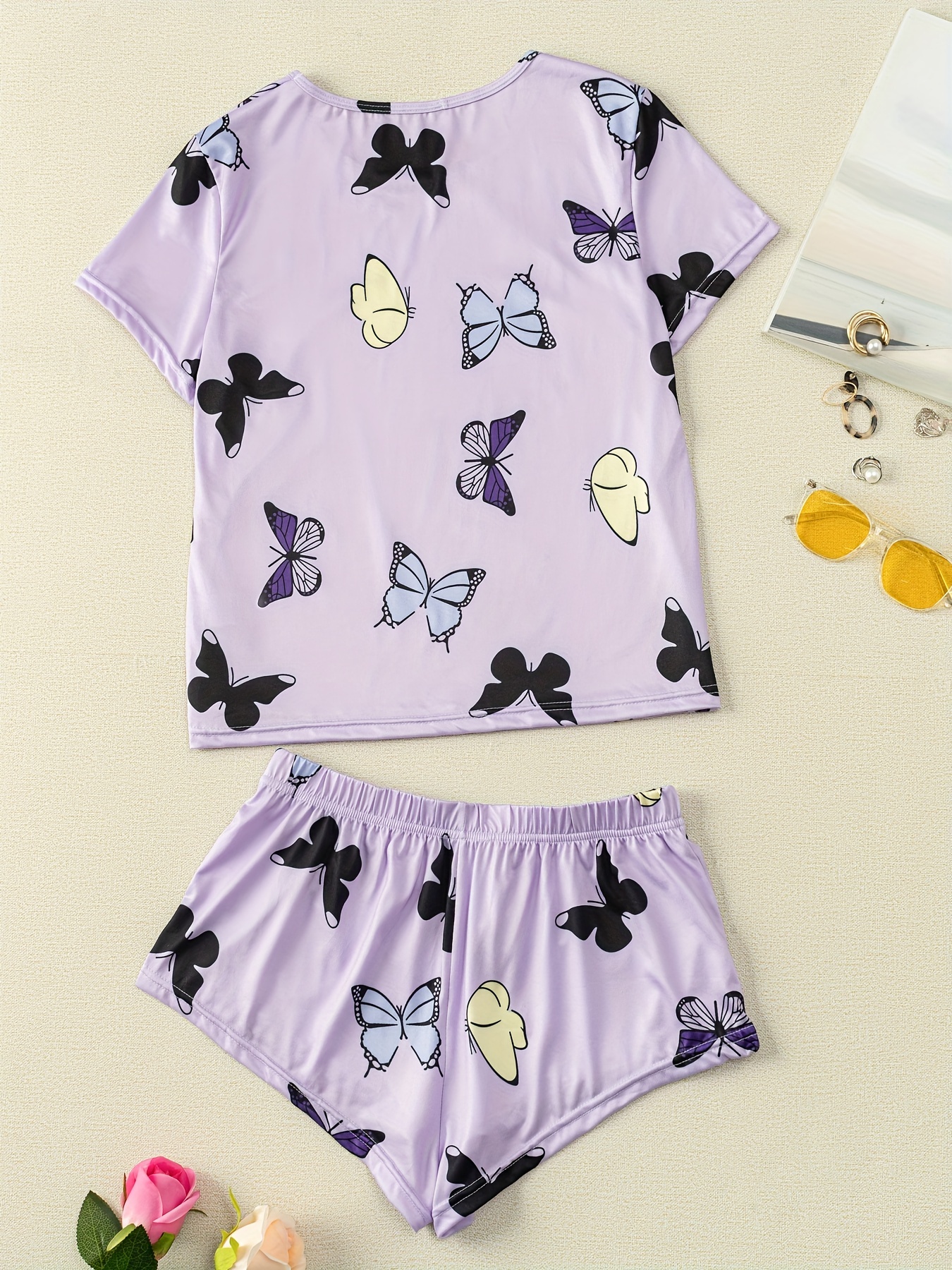 Butterfly Print Pajama Set Comfort Short Sleeve Top Elastic - Temu Canada