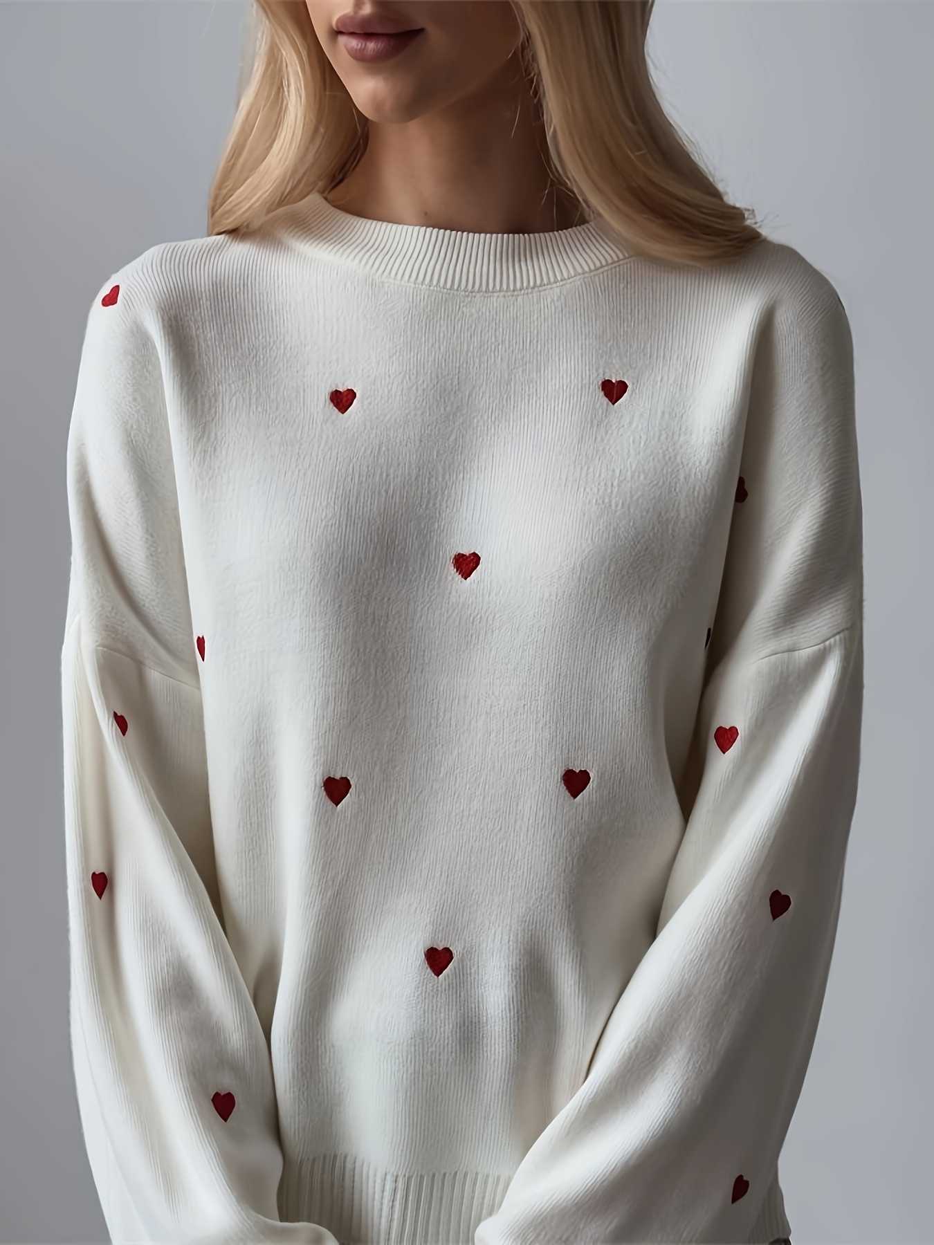 Canis Women Love Heart Print Long Sleeve O-neck Knitted Sweater