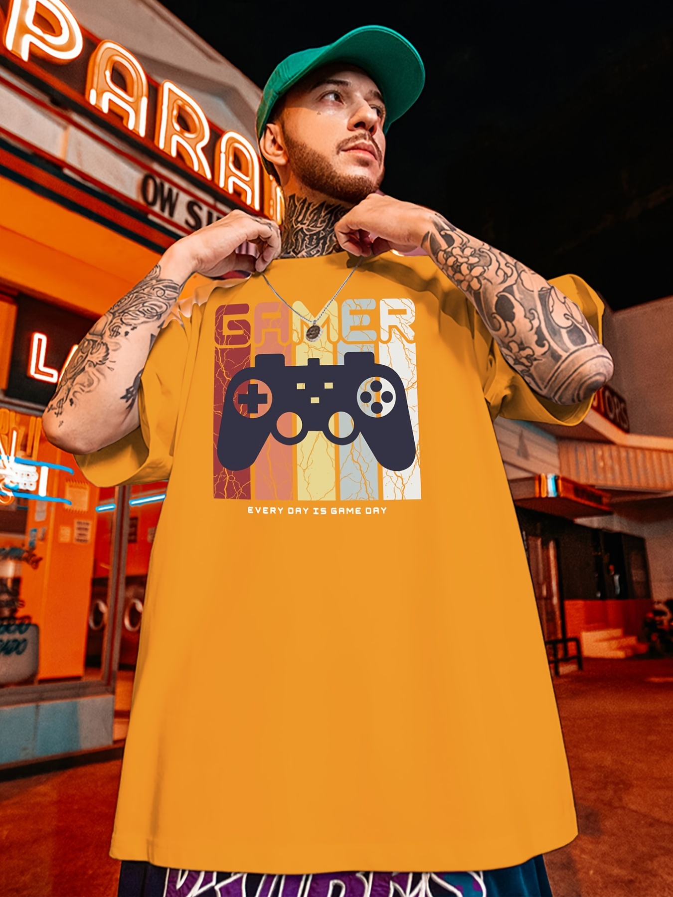 Men's Plus Size 'GAMER EVEY DAY IS GAME DAY' Print Plain Color Crew Neck  T-shirt, Oversized Short Sleeve Tops Sweat Resistant Loose Casual Clothing 