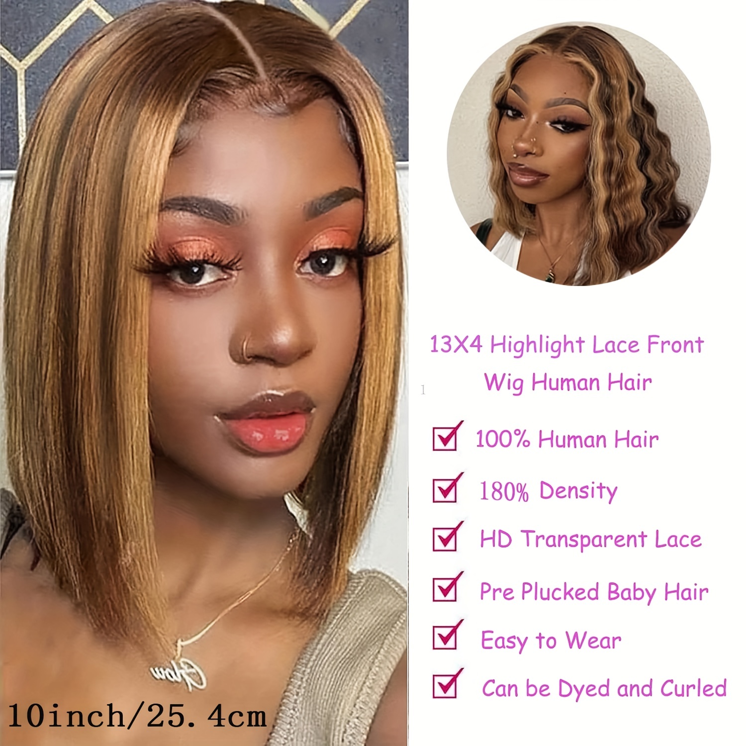  Ombre Highlight Bob Wig Human Hair 13x4 Lace Front Wigs P4/27  Colored Wigs 10 Inch Honey Blonde Bob Human Hair Wigs 180 Density Glueless  Short Human Hair Wigs for Women