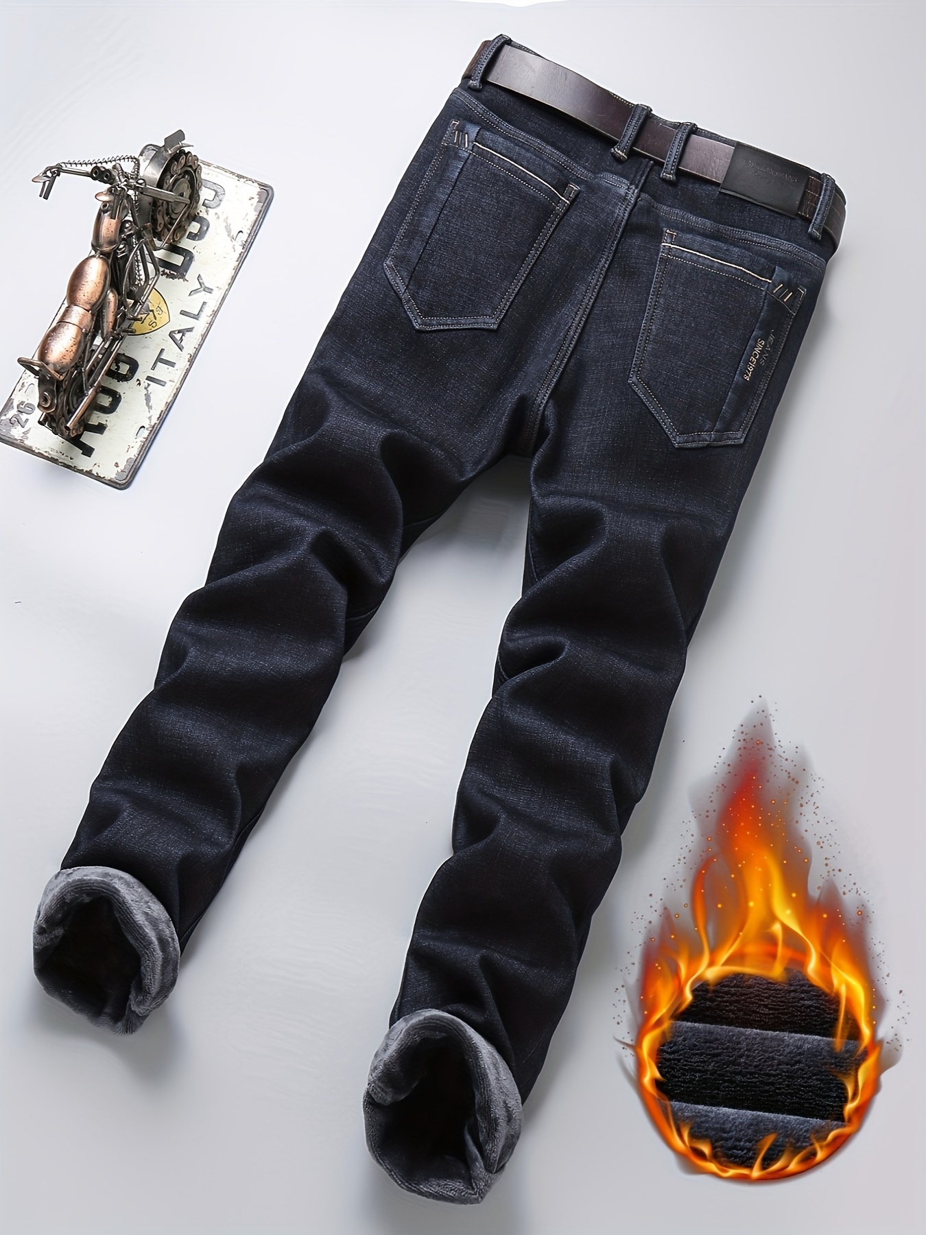 Men's Casual Warm Thick Jeans, Classic Design Pocket Jeans For Fall Winter  Outdoor