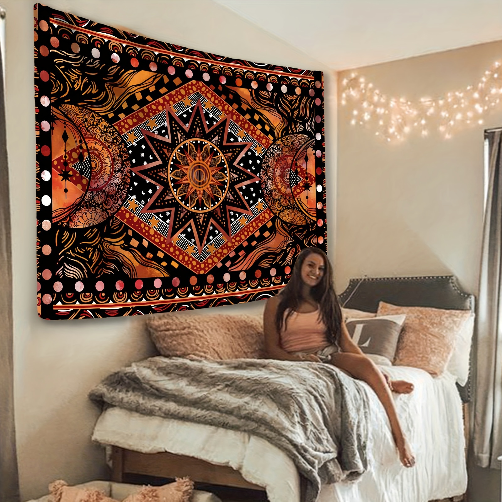 Orange Sun Wall Tapestry Aesthetic Mandala Hanging For Bedroom_voghion.com