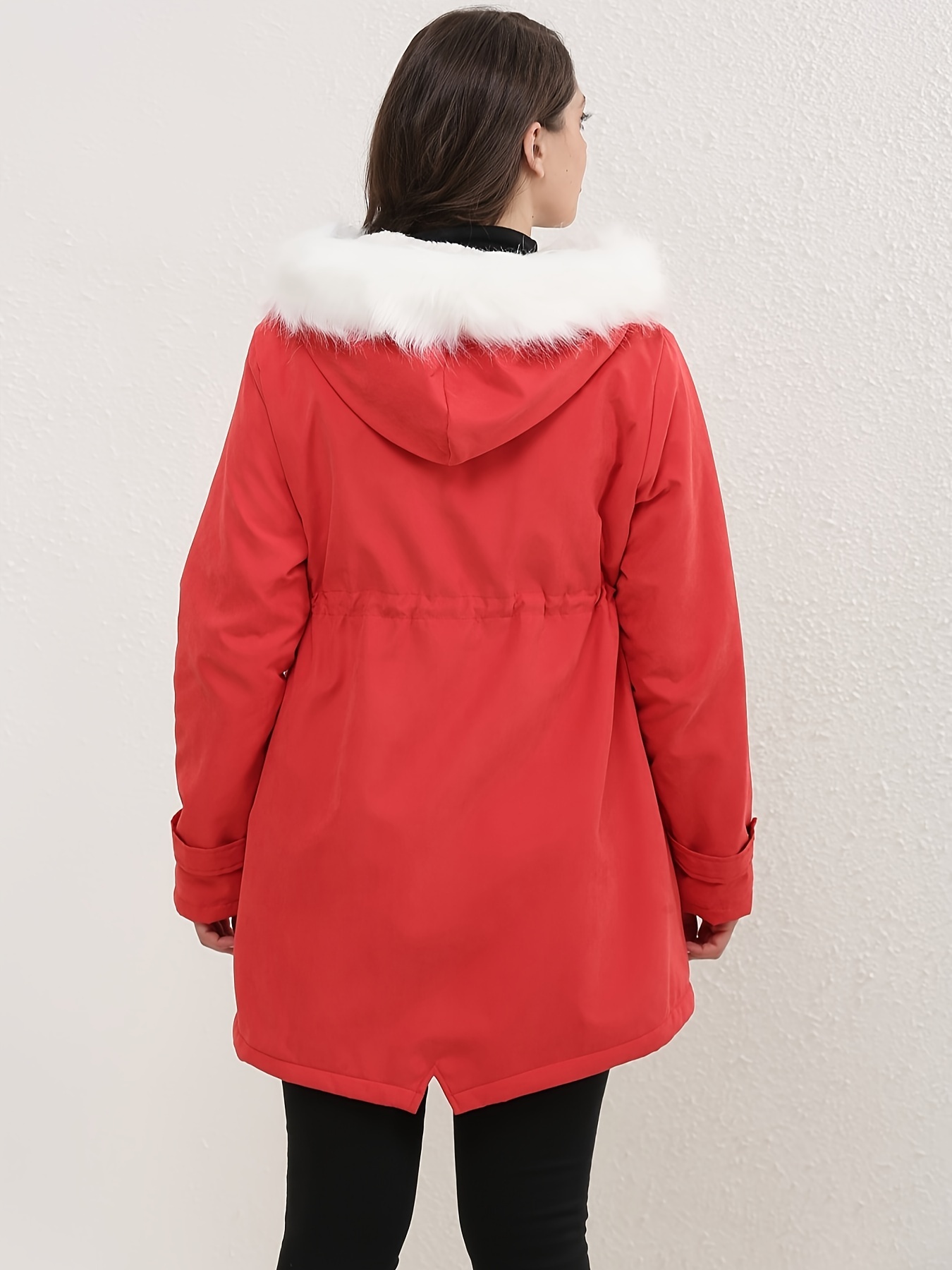 Faux Fur Hood Drawstring Parka Coat Zip Button Front Pocket Temu