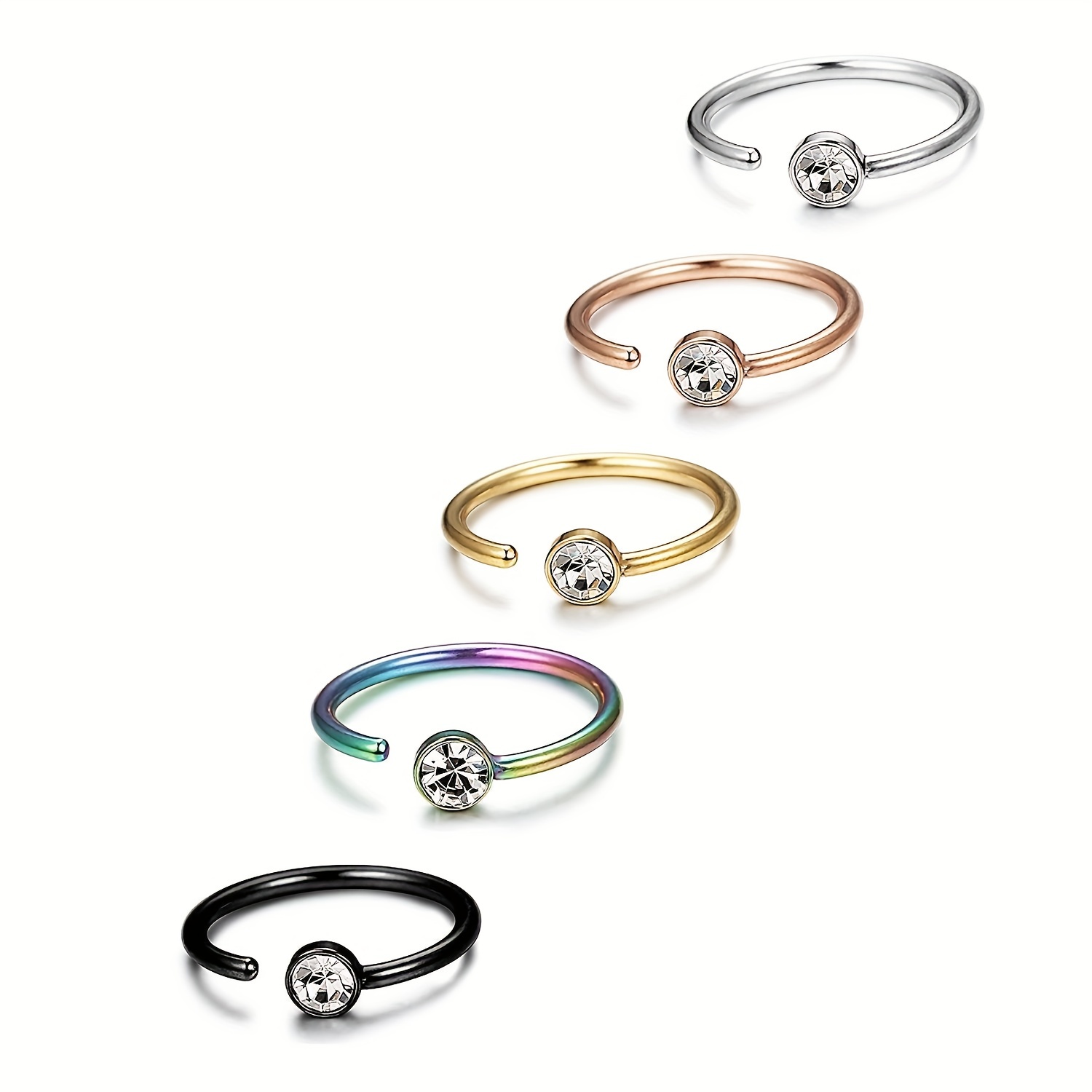 5pcs Hoop Nose Ring Set, Zircon Style Stainless Steel Jewelry