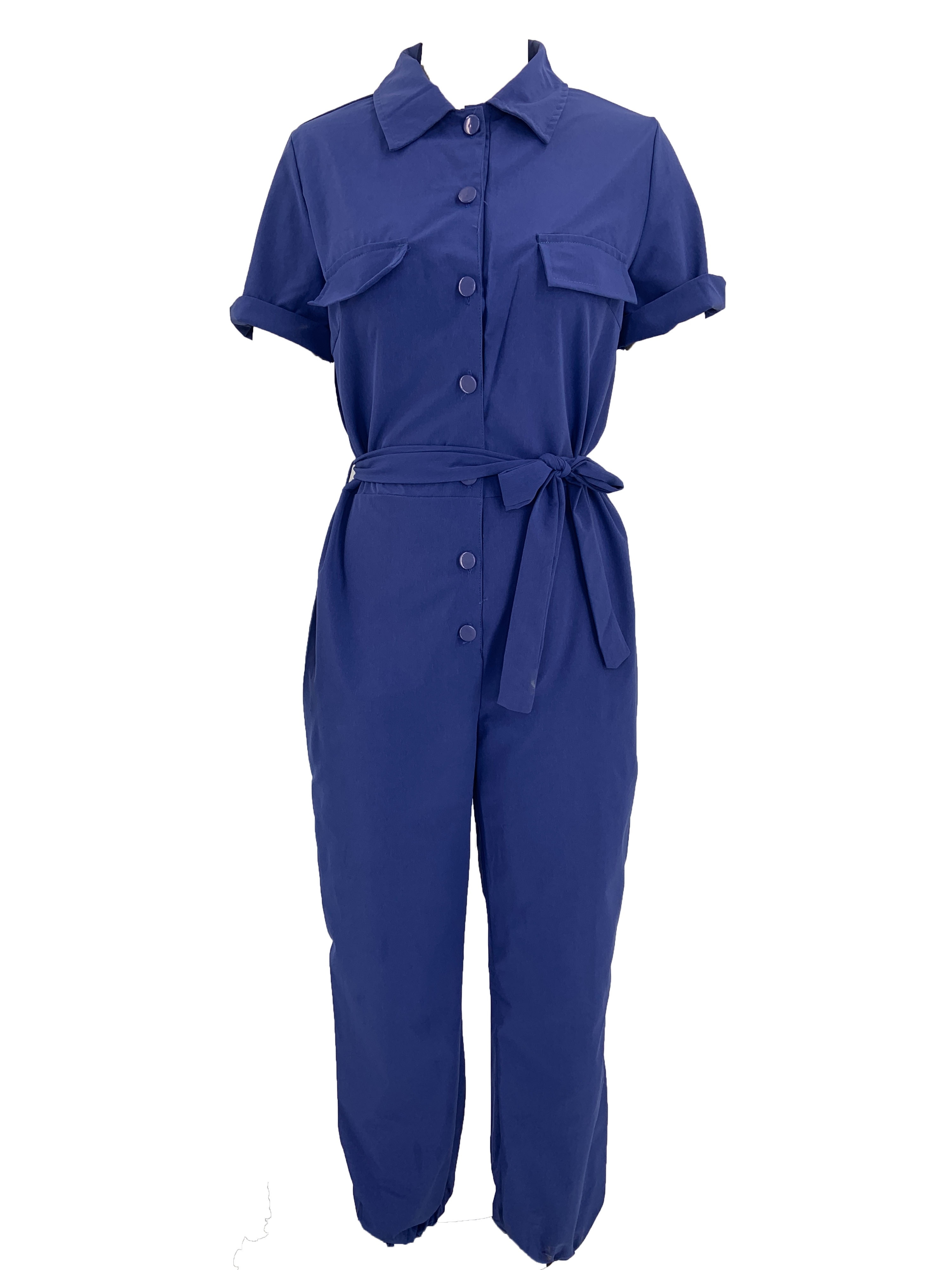 Y2k Belted Patched Pocket Placket Cargo Jumpsuit Tunic Long - Temu