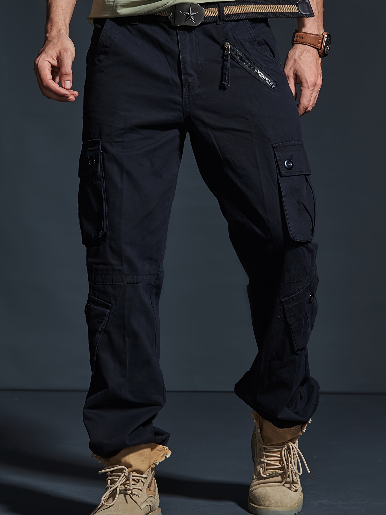 Ozmmyan Hiking Pants for Men, Solid Drawstring Cargo Pants