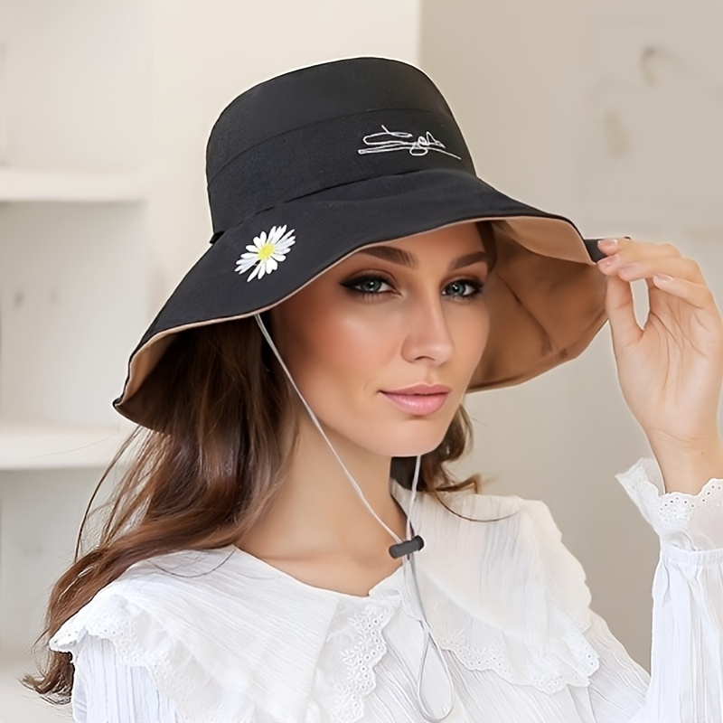Daisy Embroidery Reversible Bucket Hat Solid Color Summer Sun Hats Wide  Brim Outdoor Travel Beach Hats For Women Girls