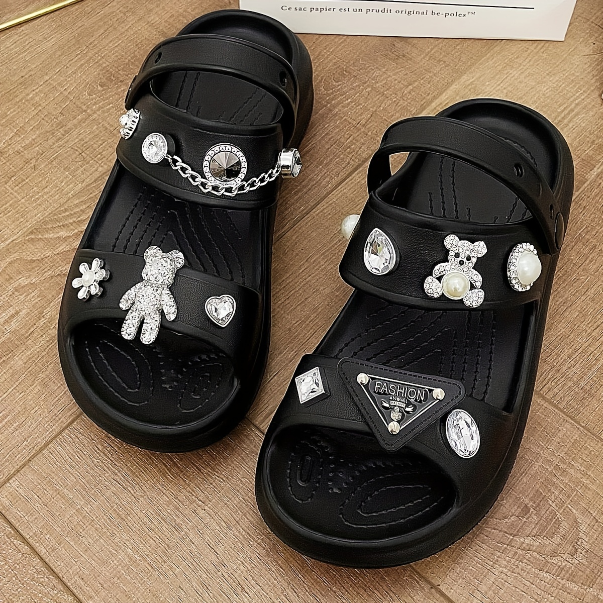 Women's Rhinestone Platform Sandals, Bear Faux Pearl Chain Accessories Open  Toe Slides, Outdoor Beach Sandals