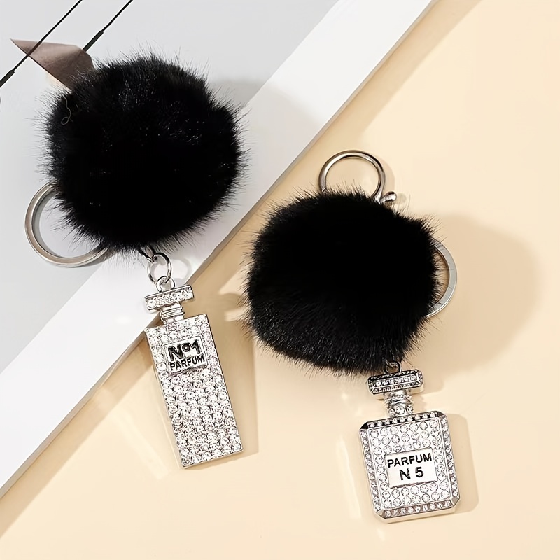 Perfume Bottle Rhinestone Keychain Black Pompom Trendy Womens Metal Bag  Pendant Elegant Keyring Ornament Accessories - Jewelry & Accessories - Temu