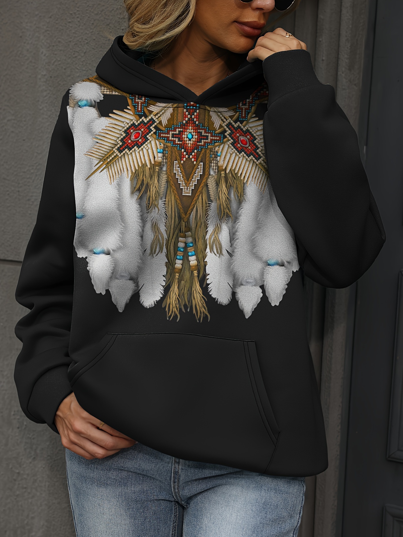 plus size casual sweatshirt womens plus tribal print long sleeve hooded slight stretch sweatshirt with kangaroo pockets details 0