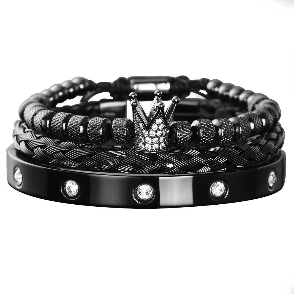 Men's Micro Pave CZ Round Beads Crown Bangle Bracelet