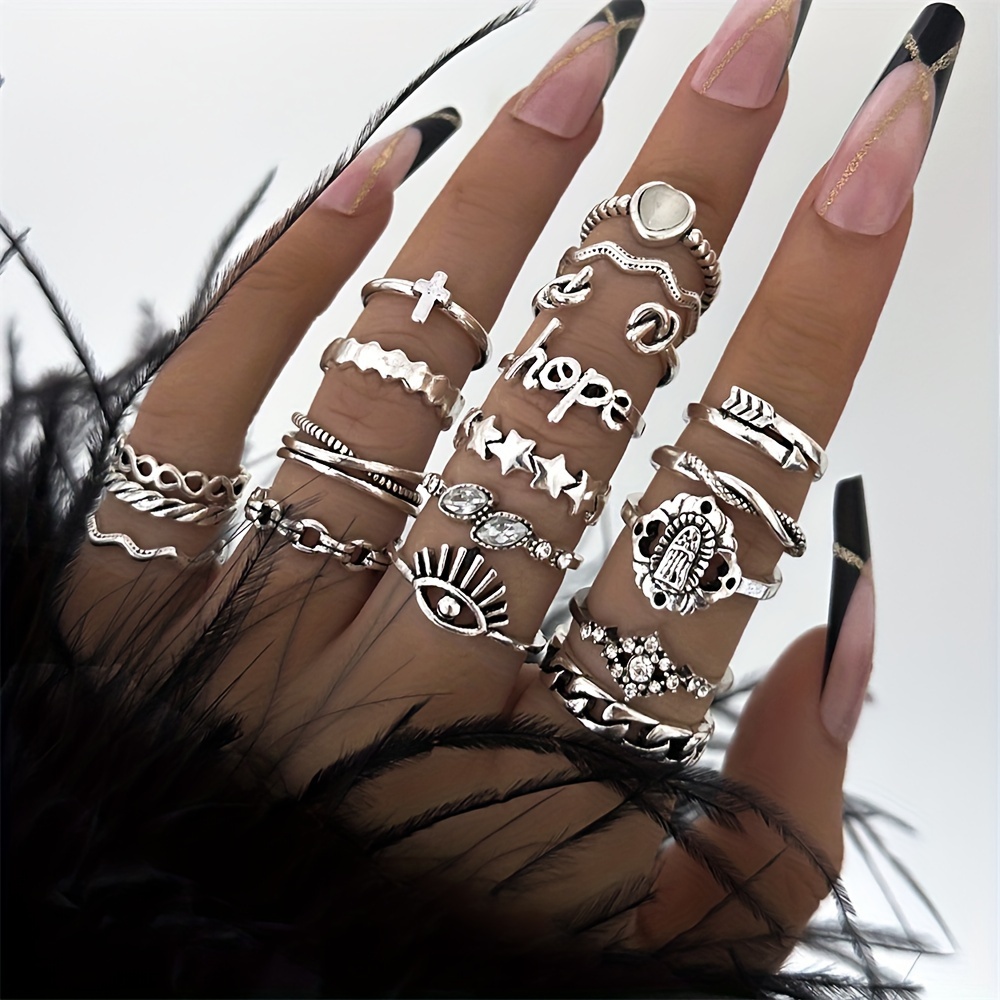 19Pcs/Sets Halloween Retro Exaggerated Skull Eye Rings Set Punk