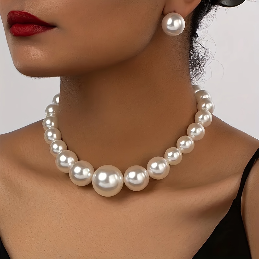 

Jewelry Set, Earrings And Necklace, Elegant Temperament Ball Shape Creamy-white Acrylic Pearl Jewelry Set, For Women Wear Holiday Wedding Accessories