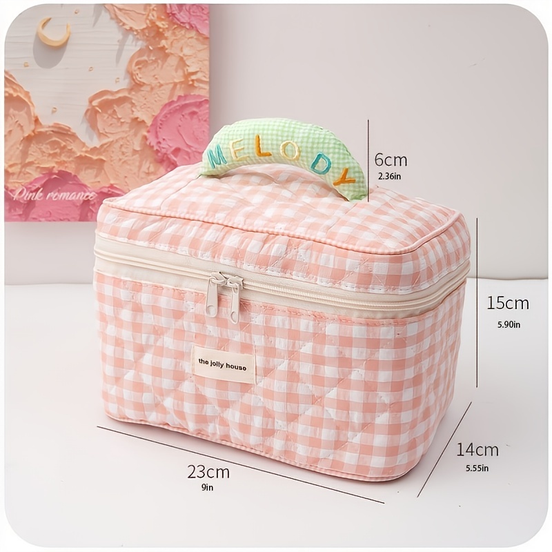 1pc Pink Square Checkerboard Large Capacity Waterproof Cosmetic