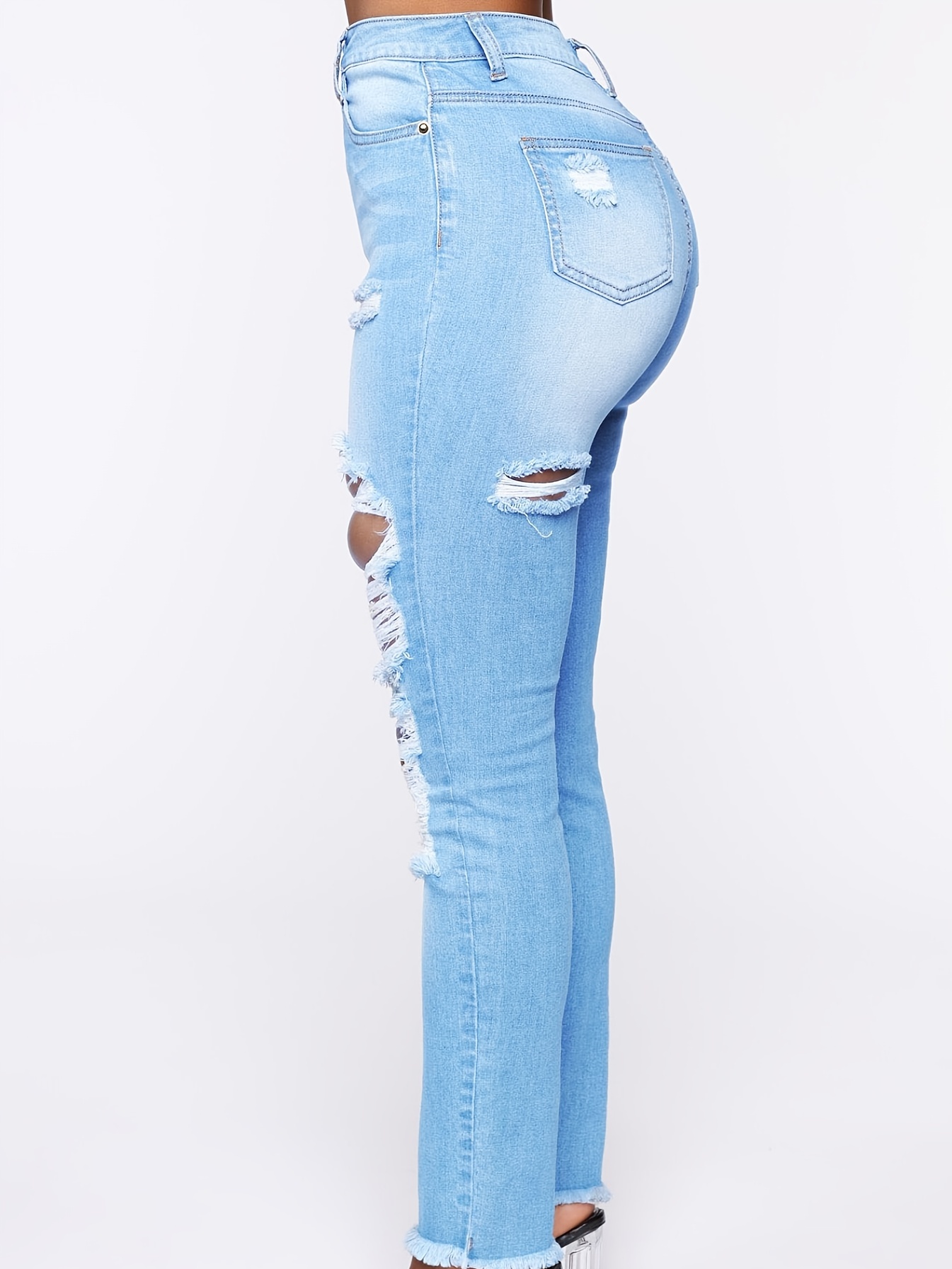 High Rise Light Blue Skinny Jeans, High Waist Tight Fit Pencil Jeans,  Women's Denim & Clothing