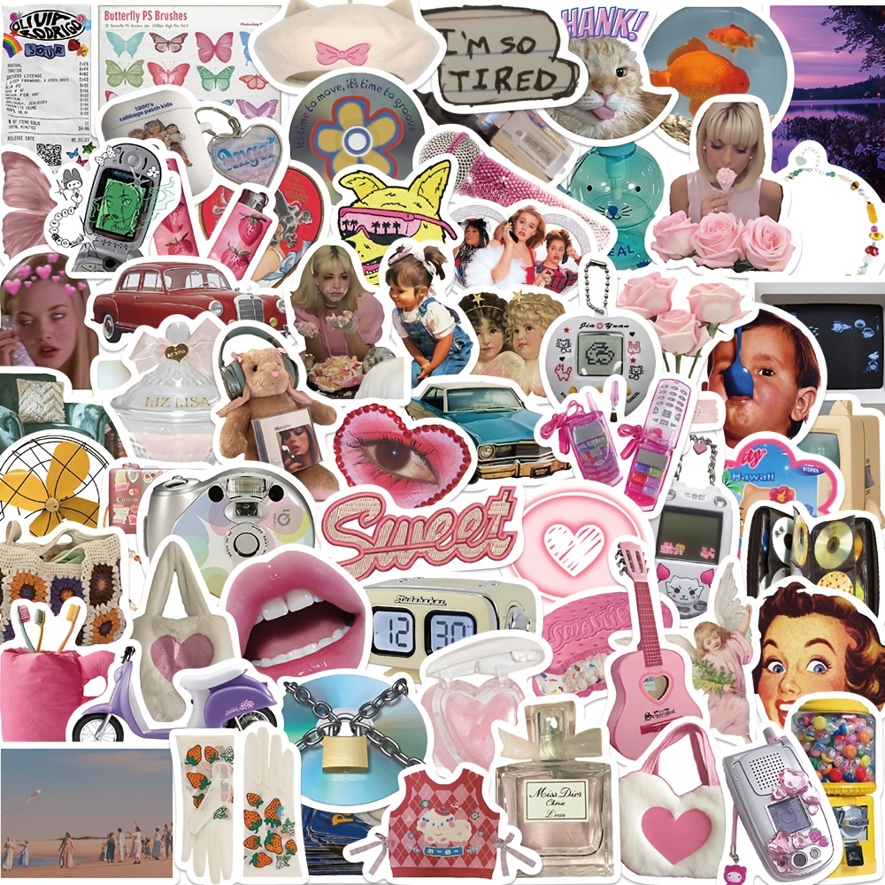 50PCS Pink Retro Kawaii Y2K Stickers Cute Cartoon Aesthetic Decals Phone  Suitcase Laptop Stationery Car Wall Sticker Kids Toy