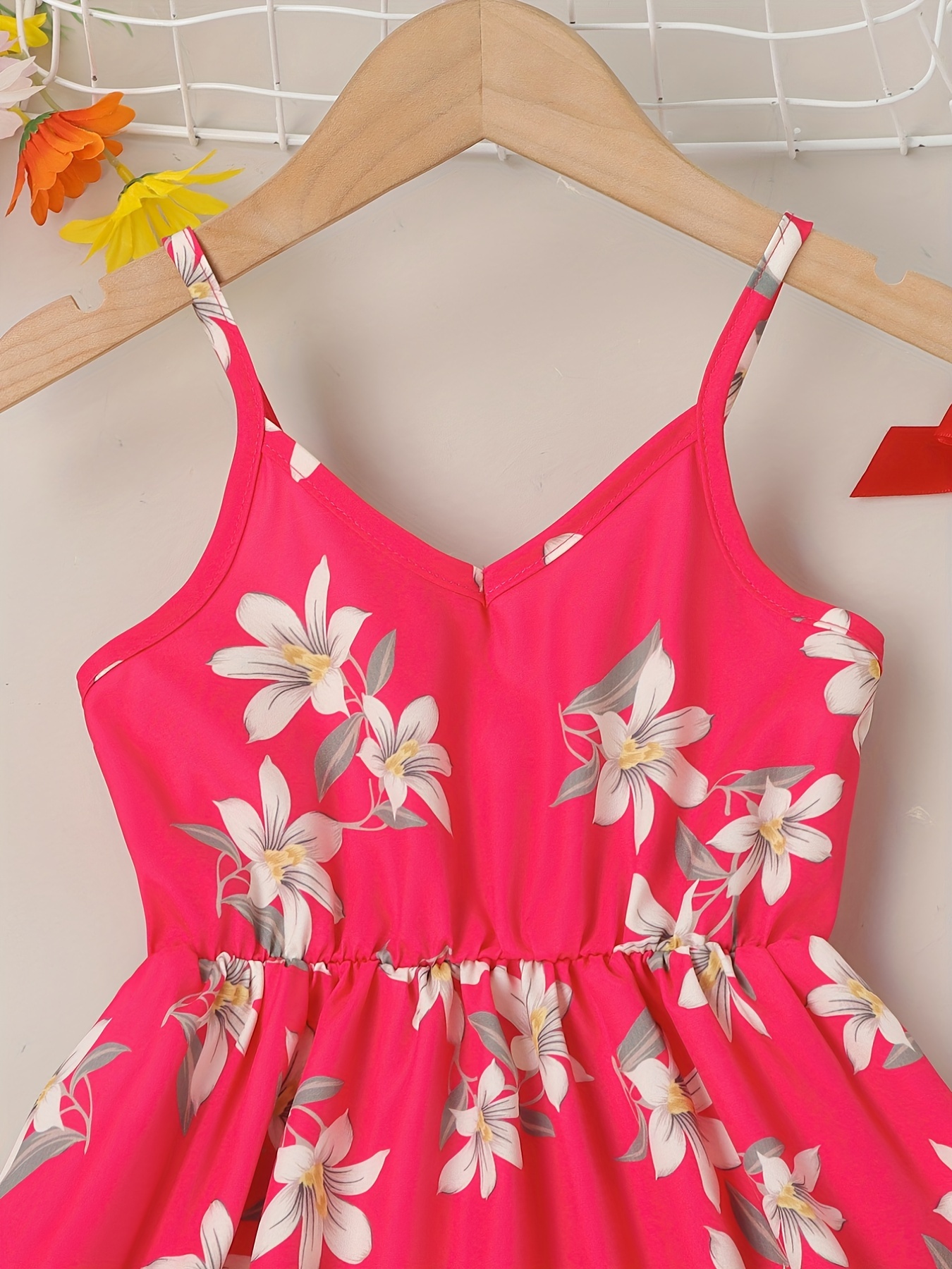 little girls cute sundress floral pattern party beach dress v-neck elastic waist camisole dress for summer rose red 2