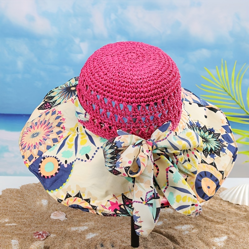 Boho Print Stitching Sun Hat Wide Brim Vintage Crochet Straw