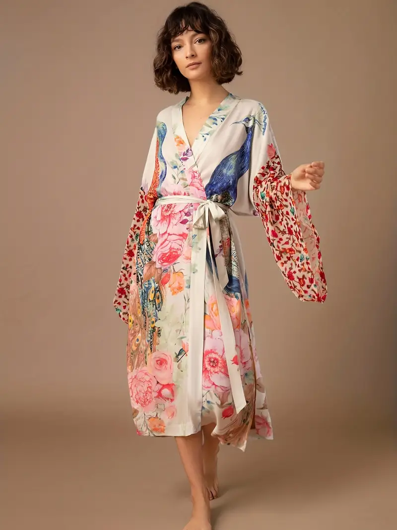 Women's Peacock Kimono Long Sleeves Loose With Waistband Robes only $15.67 | eDealinfo.com