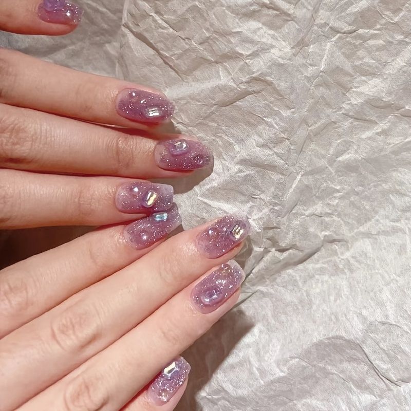 Purple Glitter Tip Press On Nails With Gems Designs False Fake Nails  Acrylic Nails For Women | Shop On Temu And Start Saving | Temu