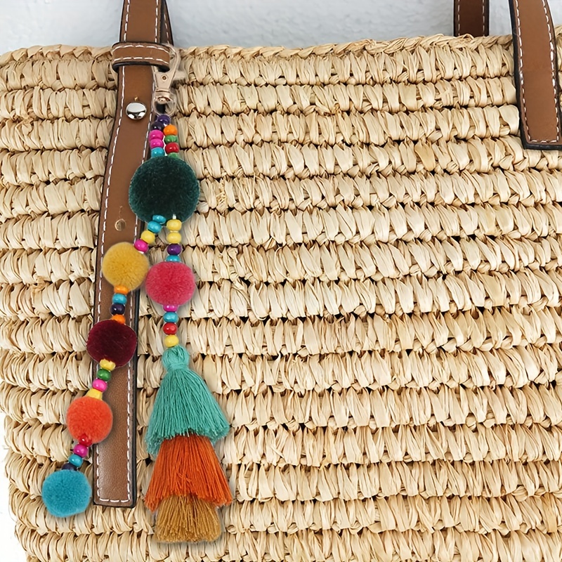 

Boho Pom Pom Tassel Keychain Cute Color Block Key Chain Ring Purse Bag Backpack Charm Car Hanging Pendant Home Decoration Gift